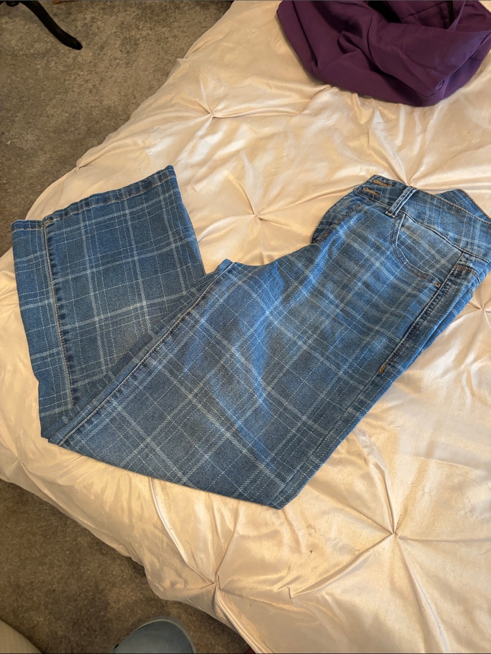 Women's Blue Plaid Wide-Leg Jeans